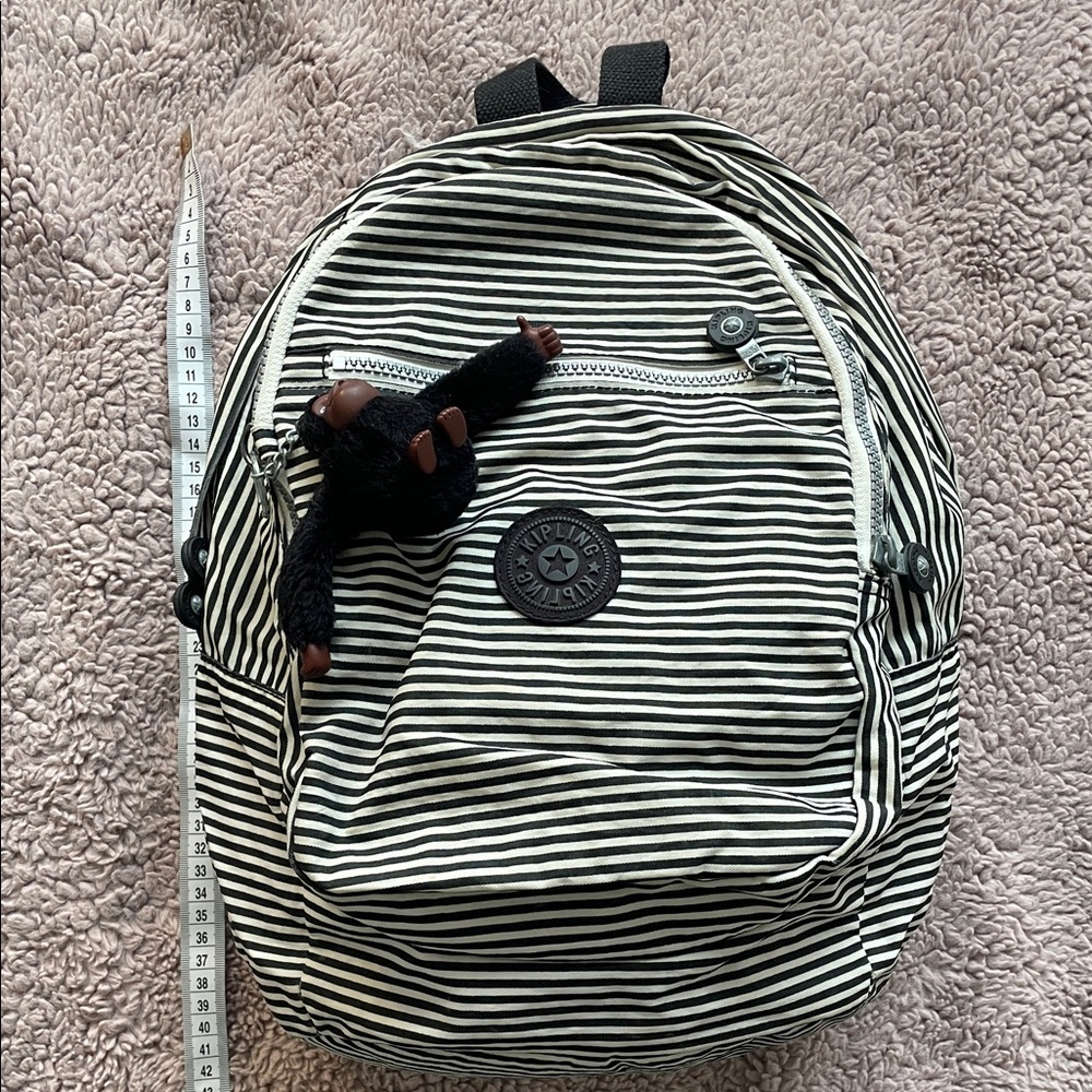 Kipling Black & White Striped Backpack with Monkey Charm